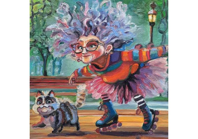 Roller skayting Painting Original Art Small Impasto Oil Painting on Cardboard
