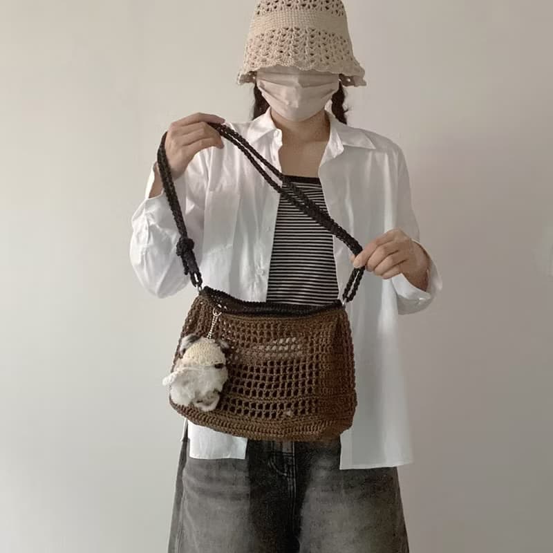 Summer Brown Square Net Shoulder Bag