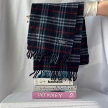 Burberry深藍色經典格紋流蘇圍頸巾 日本中古Vintage