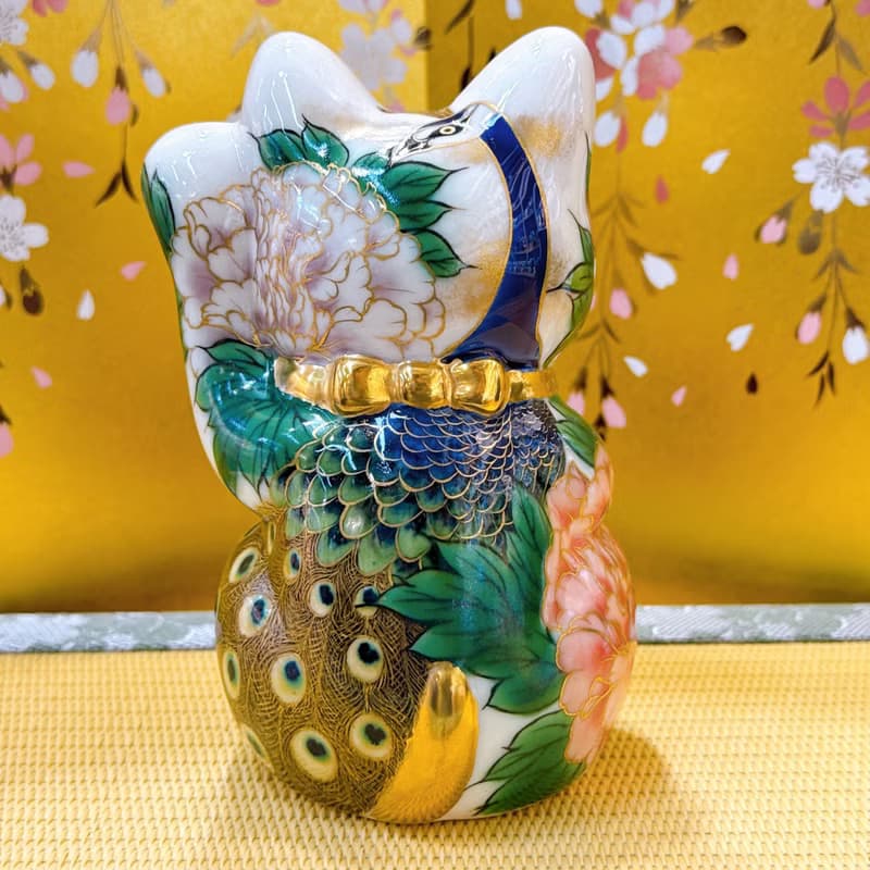 【孔華富瑞】日本清水燒招財貓 | 孔雀牡丹圖