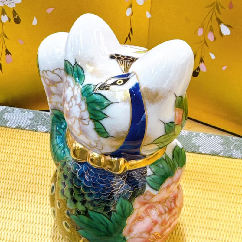 【孔華富瑞】日本清水燒招財貓 | 孔雀牡丹圖