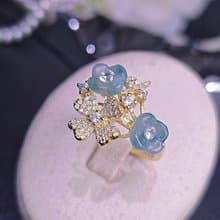 招財•貴人|夢幻冰膠濃藍紫飄花桂花|緬甸A貨翡翠純銀四葉草戒指