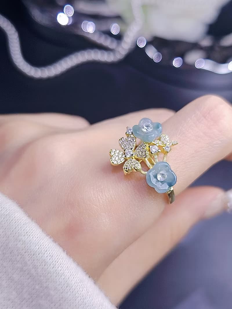 招財•貴人|夢幻冰膠濃藍紫飄花桂花|緬甸A貨翡翠純銀四葉草戒指