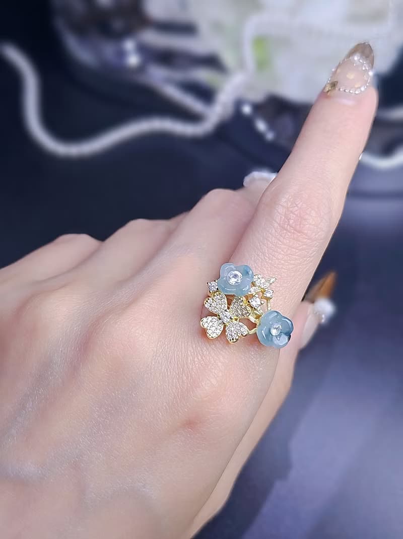 招財•貴人|夢幻冰膠濃藍紫飄花桂花|緬甸A貨翡翠純銀四葉草戒指