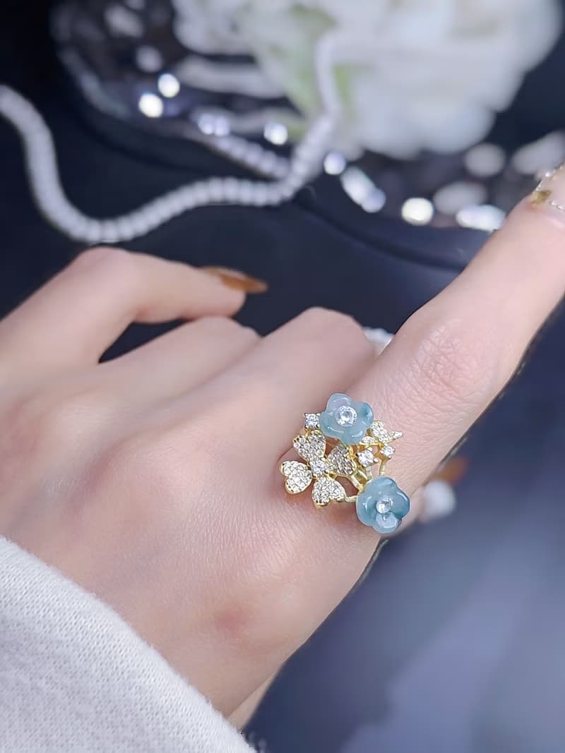 招財•貴人|夢幻冰膠濃藍紫飄花桂花|緬甸A貨翡翠純銀四葉草戒指