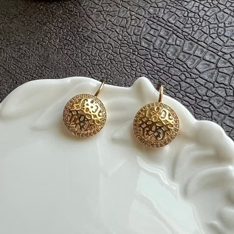 花絲古典雕紋鑲鑽耳環(共3色)－圓形