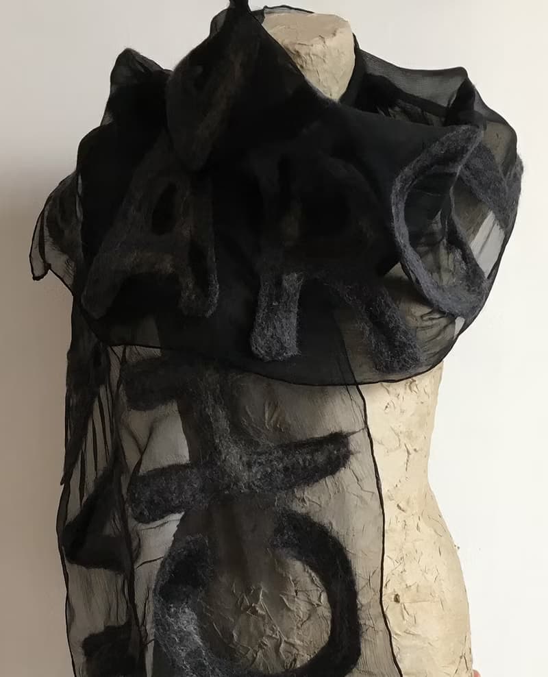 Black Silk Chiffon Scarf with Felted Letters Unique personalized gift for women