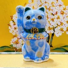 【青晶迎福】日本清水燒招財貓 | 花結晶青 - 招福