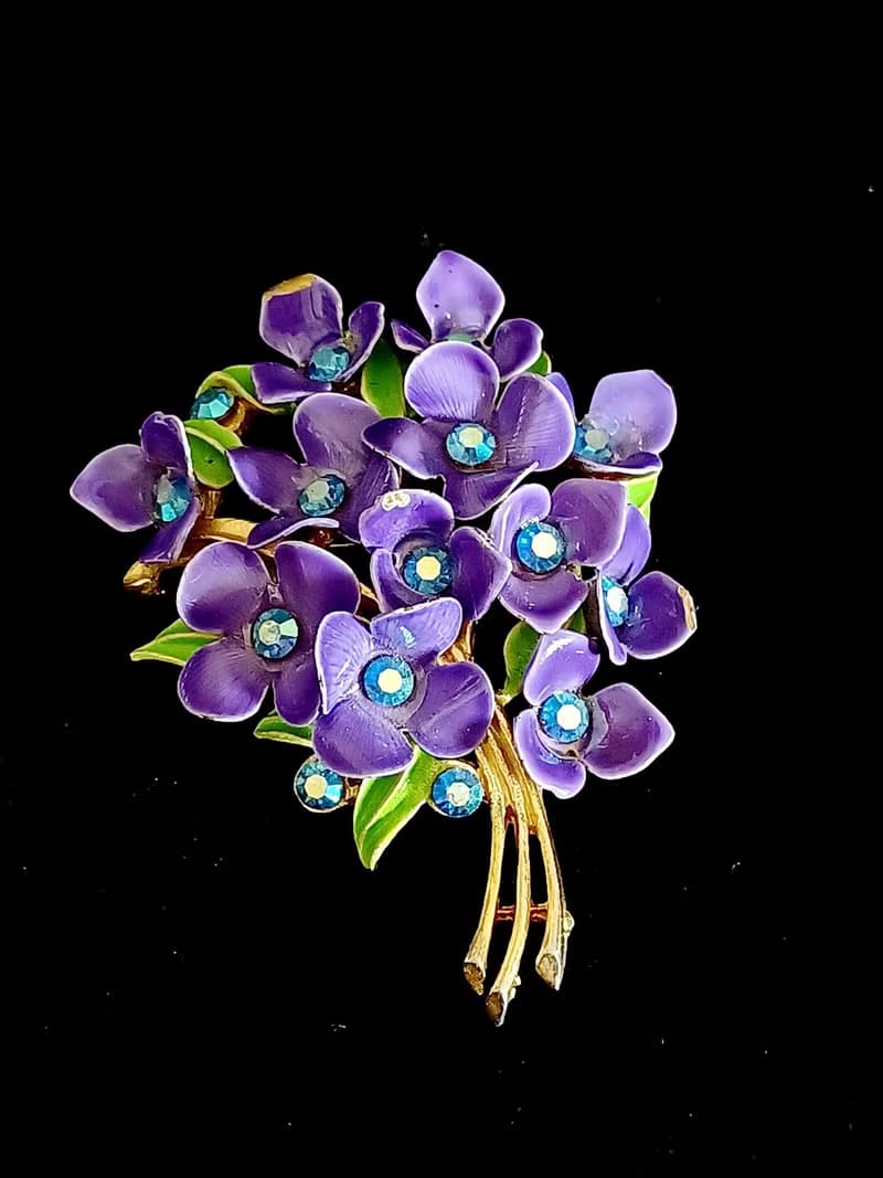 vintage jewelry 奧地利紫色琺瑯紫羅蘭花束  別針  胸針