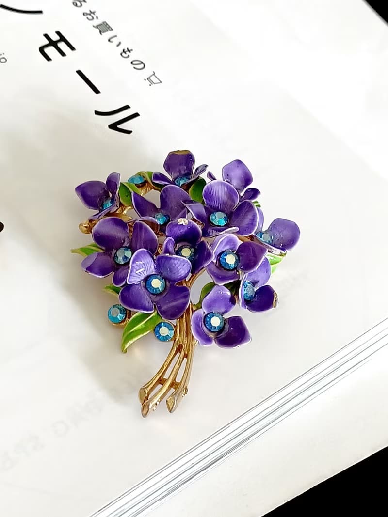 vintage jewelry 奧地利紫色琺瑯紫羅蘭花束  別針  胸針