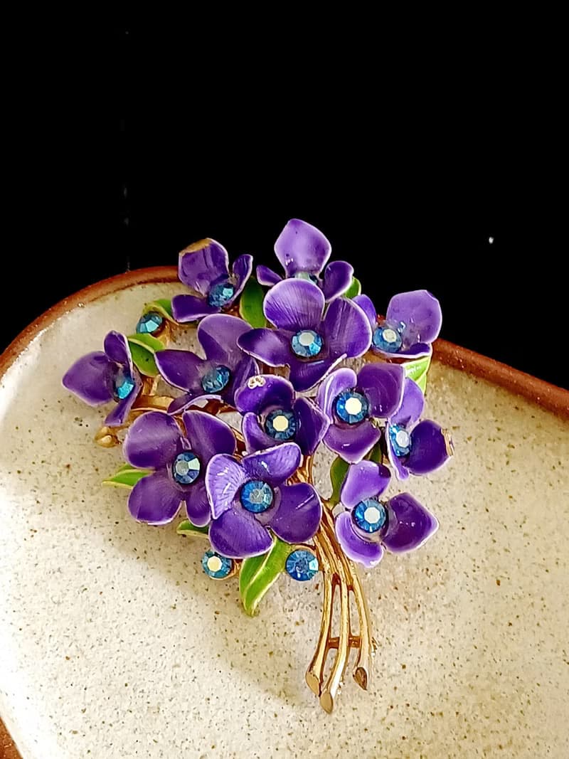 vintage jewelry 奧地利紫色琺瑯紫羅蘭花束  別針  胸針
