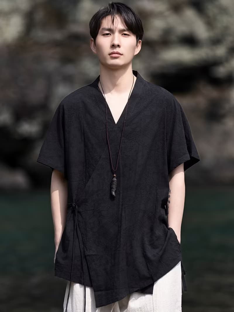 新中式復古 v領亞麻短袖襯衫 中國風唐裝