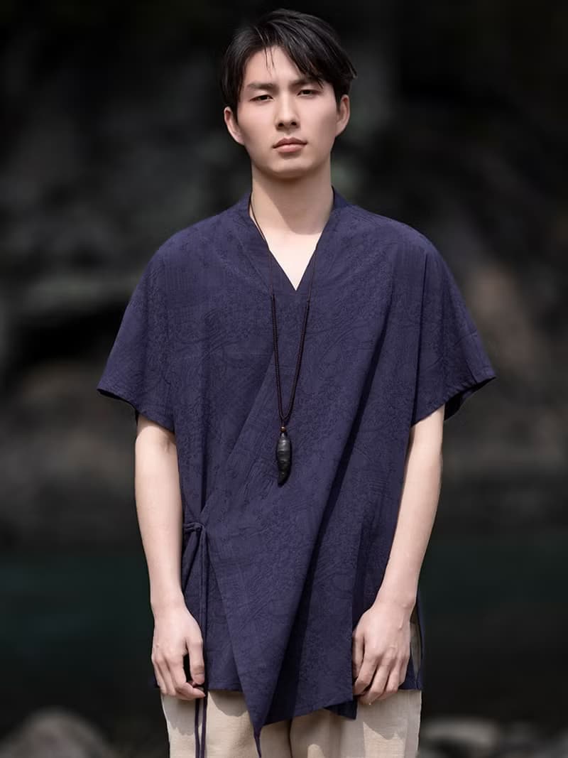 新中式復古 v領亞麻短袖襯衫 中國風唐裝