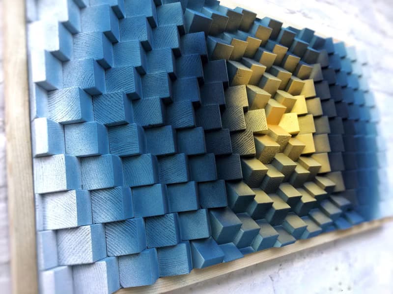 3D Wood Wall Art - Blue Gold Office Decor - Music Room - Acoustic Panel Diffuser