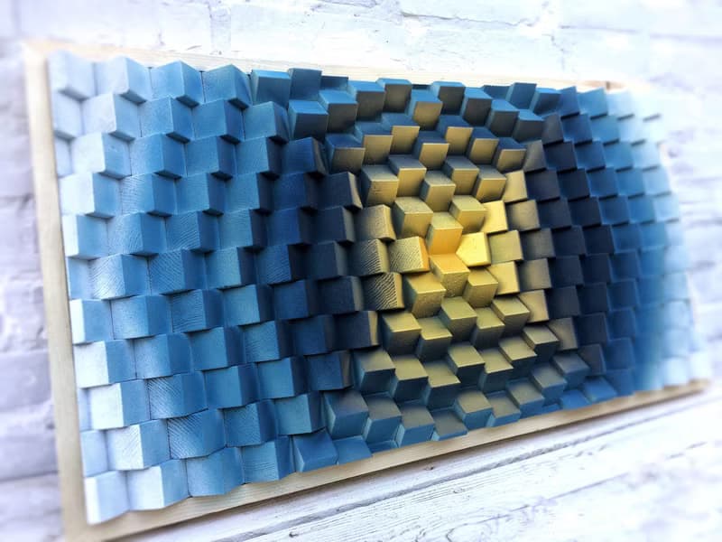 3D Wood Wall Art - Blue Gold Office Decor - Music Room - Acoustic Panel Diffuser