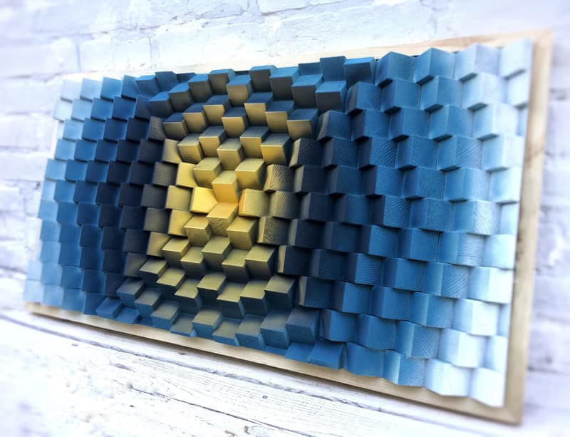3D Wood Wall Art - Blue Gold Office Decor - Music Room - Acoustic Panel Diffuser