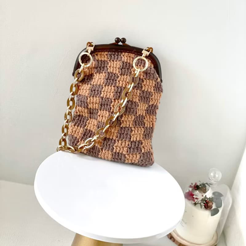 手工鉤織棋盤格子口金包【Crochet bag】長款