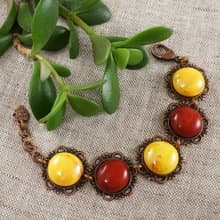 Cherry Red Yellow Glass Large Copper Flower Vintage Style Bracelet Woman Jewelry