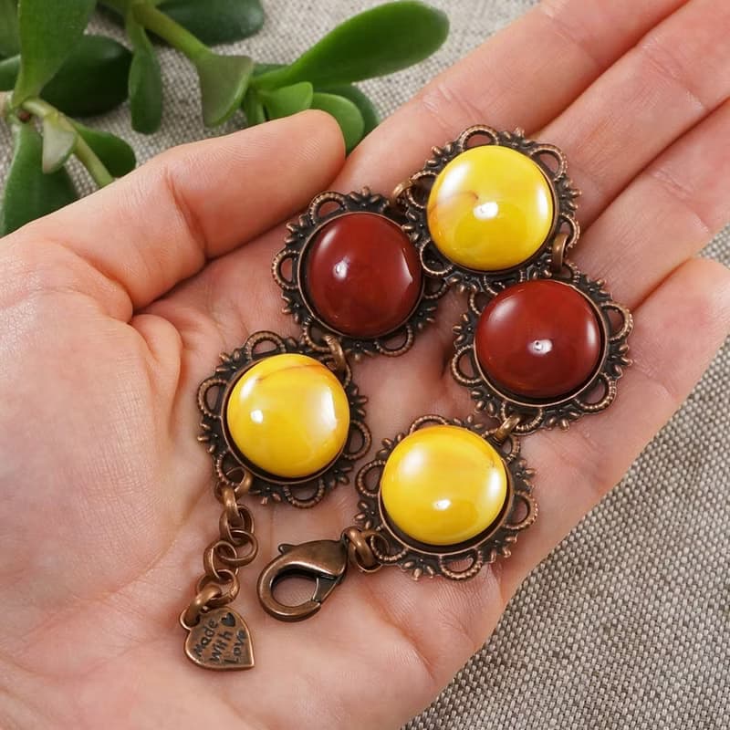 Cherry Red Yellow Glass Large Copper Flower Vintage Style Bracelet Woman Jewelry
