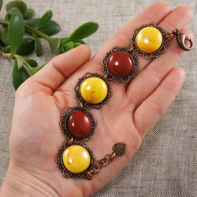Cherry Red Yellow Glass Large Copper Flower Vintage Style Bracelet Woman Jewelry