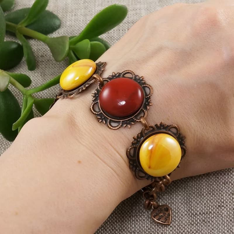Cherry Red Yellow Glass Large Copper Flower Vintage Style Bracelet Woman Jewelry