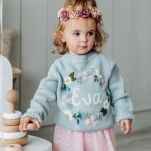 Custom knitted cotton, merino sweater with embroidered flowers  for baby, girl