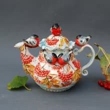 Porcelain Art teapot Birds figurines Rowan berries Bullfinch Sculpture 美麗的茶壺