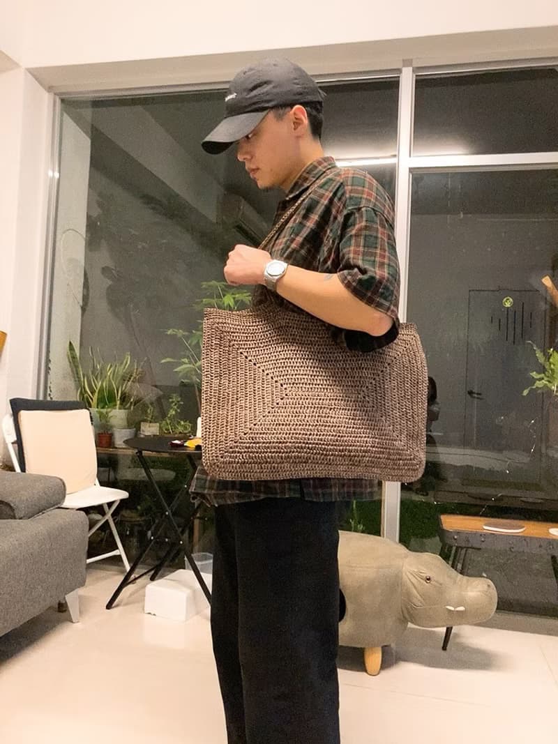 咖啡植色系染拉菲草 手工鉤織信封包 側揹袋