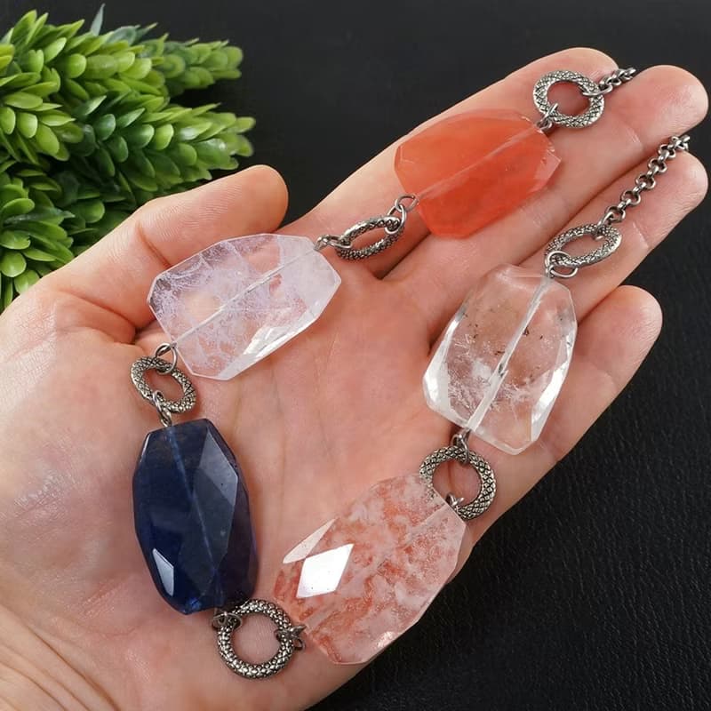 Blue Pink Clear Quartz Chunky Large Beaded Statement Necklace Woman Jewelry Gift
