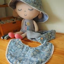 手作雙面淺藍碎花圖案/淺藍拼灰帽子髮帶及圍巾禮物套裝