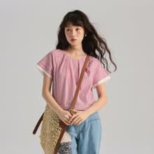 紅格紋撞色短袖小衫|襯衫|春夏款|Sora-1798