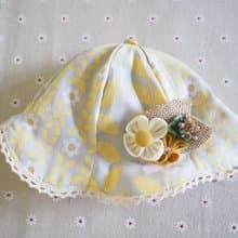 手作黃色小花全棉雙面帽子髮夾彈性髮帶兩用套裝