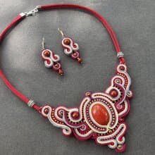 紅色項鍊和耳環 Red Jasper Necklace Jewelry set, stone soutache embroidered, New Year