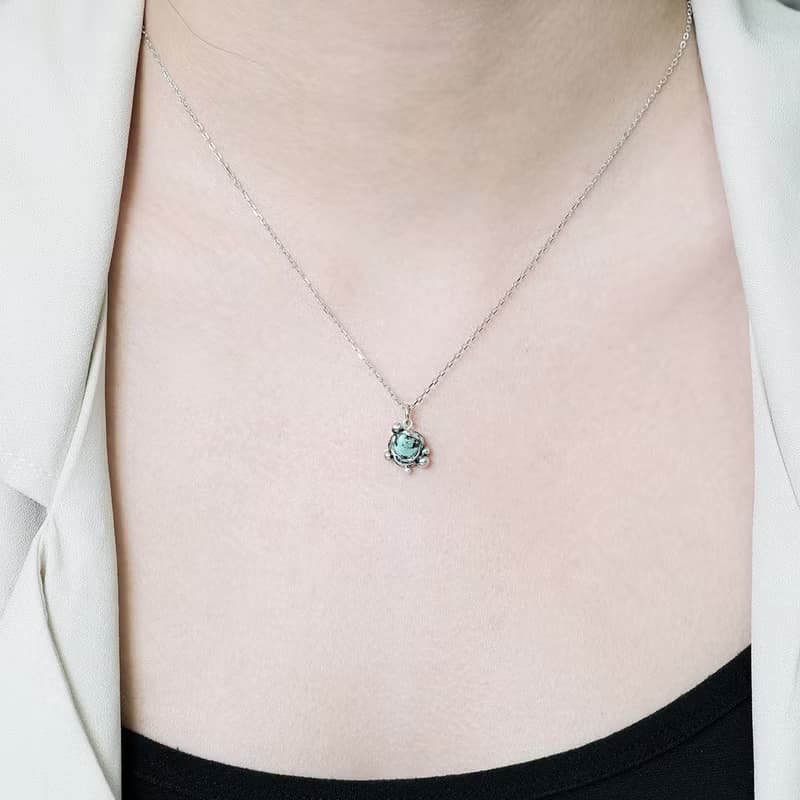 手工銀飾 925純銀 小怪獸圓球項鍊 綠松石