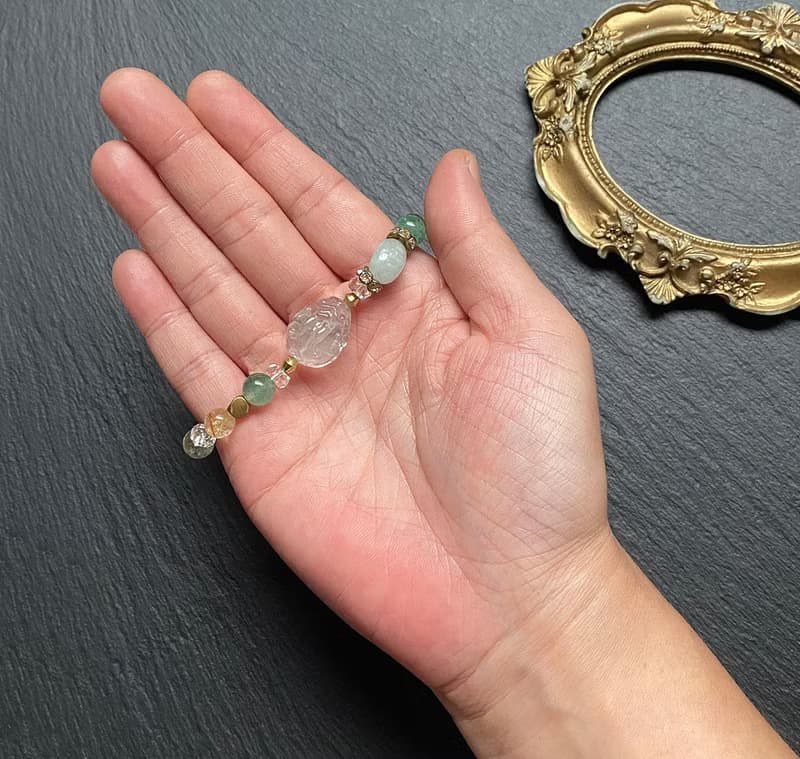 金髮晶 碧璽綠髮晶 綠草莓晶 白水晶 天河石漸層螢石龍龜黃銅手鍊