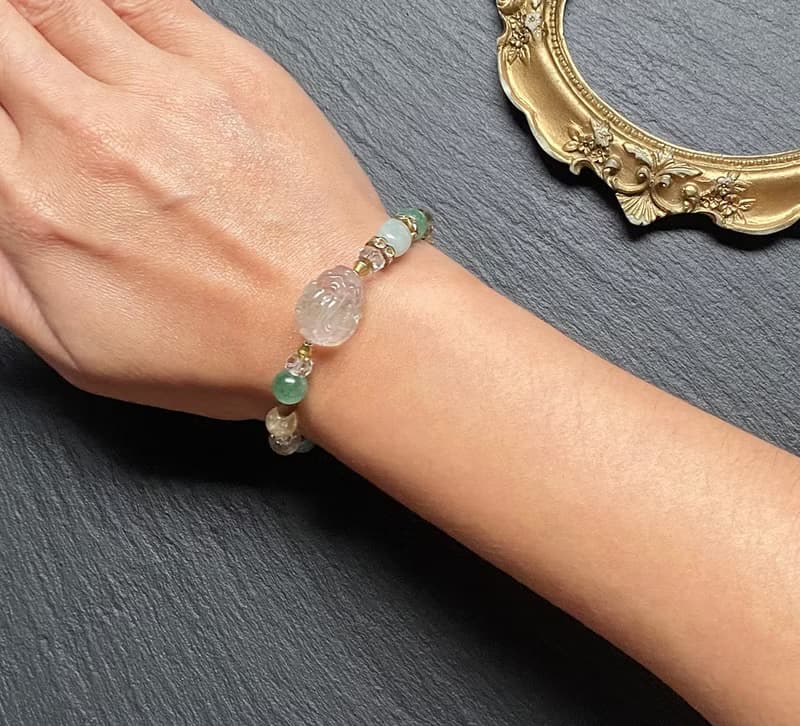 金髮晶 碧璽綠髮晶 綠草莓晶 白水晶 天河石漸層螢石龍龜黃銅手鍊