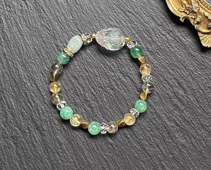 金髮晶 碧璽綠髮晶 綠草莓晶 白水晶 天河石漸層螢石龍龜黃銅手鍊