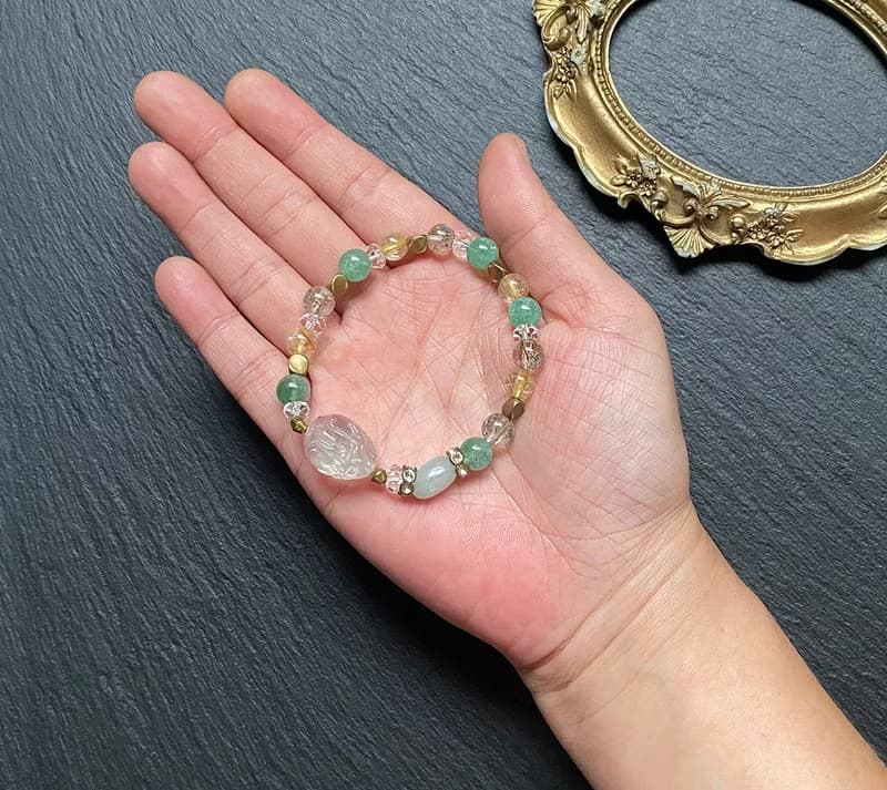 金髮晶 碧璽綠髮晶 綠草莓晶 白水晶 天河石漸層螢石龍龜黃銅手鍊
