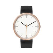 BIJOUONE彼樹灣B202玫瑰金色表殼淡黃表盤黑色真皮表帶男款手錶