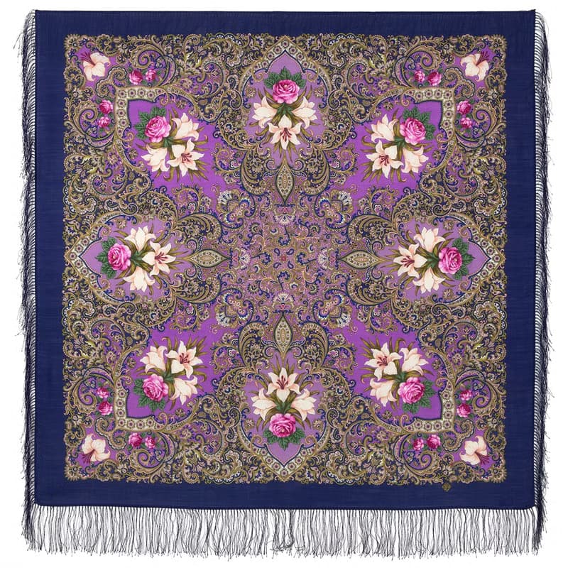 Pavlovo Posad Russian Shawl 100% Wool Scarf 125x125 cm Wrap Silk Fringe 1862-14