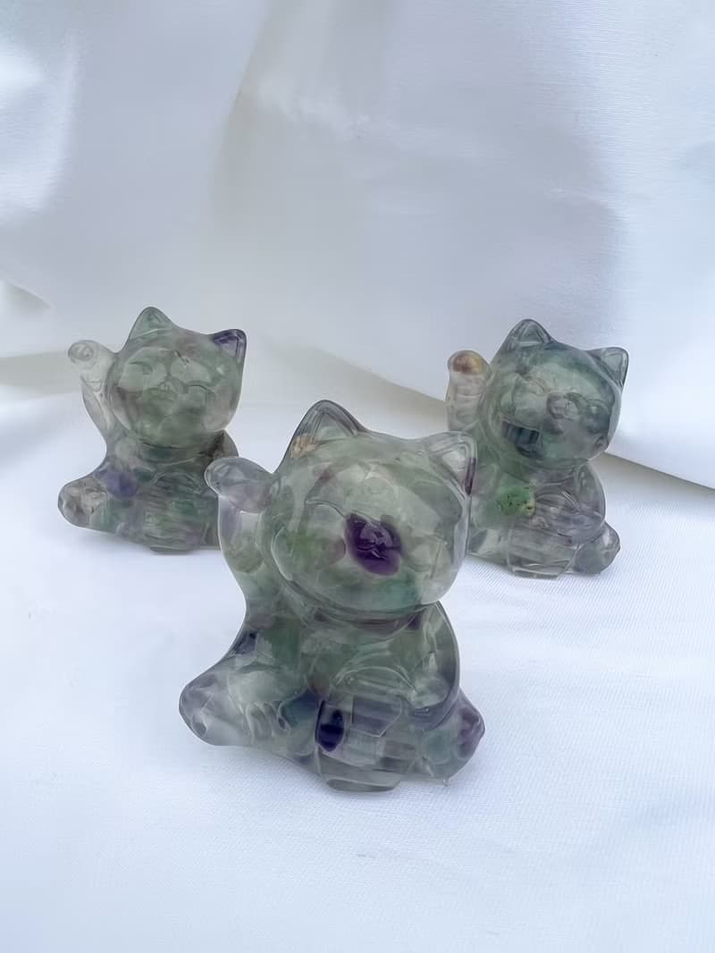 水晶擺飾【招財貓 螢石】開智慧 創意思考 分析能力