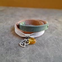 Leather Wrap Bracelet with Silver Charms and Yellow Faceted Crystal Pendant