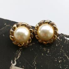 【西洋古董飾品 】金色調  優雅仿珠  雙波紋 夾式耳環