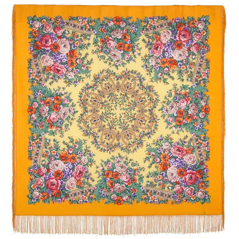 Pavlovo Posad Russian Shawl 100% Wool Scarf 125x125 cm Wrap Silk Fringe 1818-2