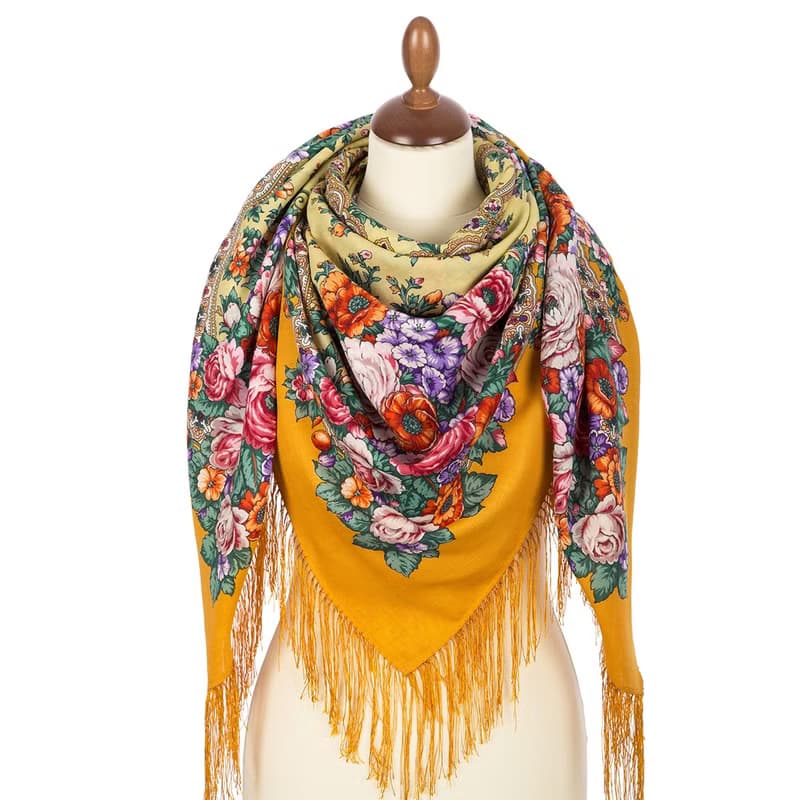 Pavlovo Posad Russian Shawl 100% Wool Scarf 125x125 cm Wrap Silk Fringe 1818-2