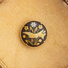 西班牙古董 大馬士革 24K/純銀鑲嵌工藝 鳥與花草圖紋 圓形別針