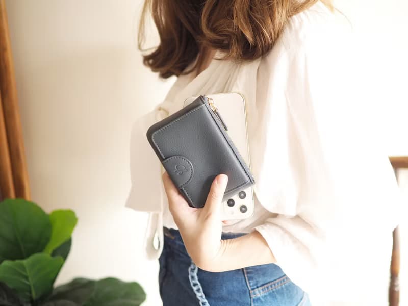 Mary (Grey) : Mini wallet, short wallet, cow leather, Grey-blue , Zip pouch