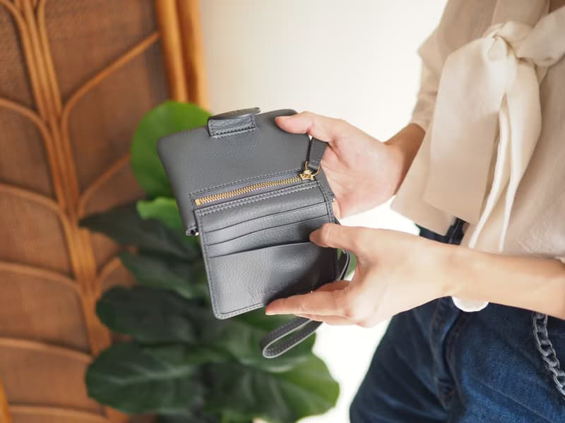 Mary (Grey) : Mini wallet, short wallet, cow leather, Grey-blue , Zip pouch