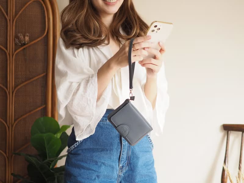 Mary (Grey) : Mini wallet, short wallet, cow leather, Grey-blue , Zip pouch