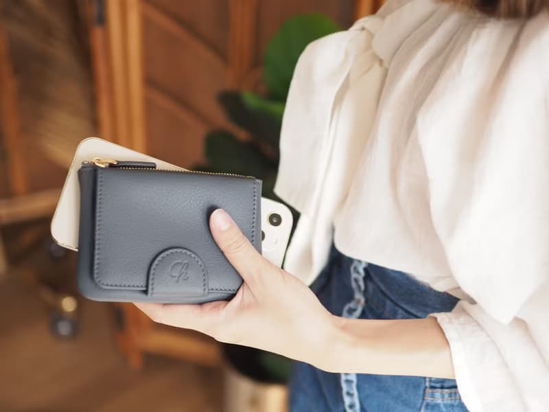 Mary (Grey) : Mini wallet, short wallet, cow leather, Grey-blue , Zip pouch